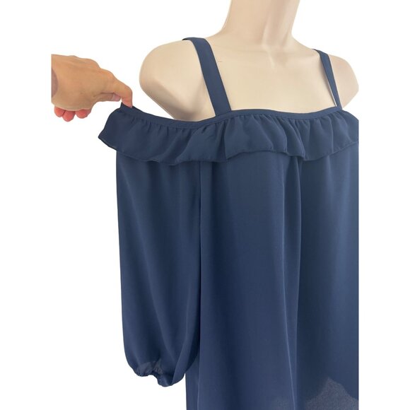 Size‎ Small NAVY BLUE COLD SHOULDER CHIFFON BLOUSE Fall Boho Peasant Bohemian - Picture 4 of 7